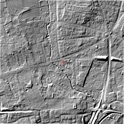 Shaded relief map of the ground around CV379AT, computed from Environment Agency LiDAR. The ground here sits at about 38 m above sea level and falls 9 m across the surrounding 800 m. Surface water reaching this point runs off ground lying to the north, 2.7 m higher.
