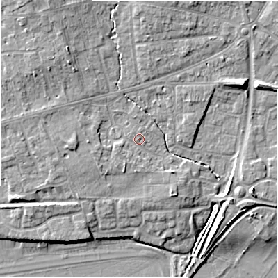 Shaded relief map of the ground around CV379AU, computed from Environment Agency LiDAR. The ground here sits at about 39 m above sea level and falls 10 m across the surrounding 800 m. Surface water reaching this point runs off ground lying to the south-south-west, 2.1 m higher.