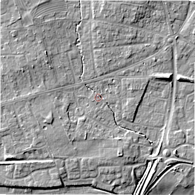 Shaded relief map of the ground around CV379AX, computed from Environment Agency LiDAR. The ground here sits at about 38 m above sea level and falls 10 m across the surrounding 800 m. Surface water reaching this point runs off ground lying to the north, 5.5 m higher.