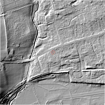 Shaded relief map of the ground around CV379BE, computed from Environment Agency LiDAR. The ground here sits at about 38 m above sea level and falls 13 m across the surrounding 800 m. Surface water reaching this point runs off ground lying to the east-north-east, 1.7 m higher.