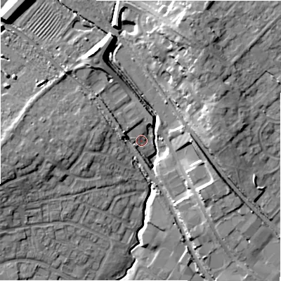 Shaded relief map of the ground around CV379BG, computed from Environment Agency LiDAR. The ground here sits at about 43 m above sea level and falls 15 m across the surrounding 800 m. Surface water reaching this point runs off ground lying to the west-north-west, 5.0 m higher.