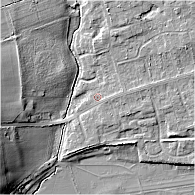 Shaded relief map of the ground around CV379BH, computed from Environment Agency LiDAR. The ground here sits at about 38 m above sea level and falls 15 m across the surrounding 800 m. Surface water reaching this point runs off ground lying to the east, 1.6 m higher.