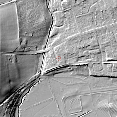 Shaded relief map of the ground around CV379BQ, computed from Environment Agency LiDAR. The ground here sits at about 38 m above sea level and falls 20 m across the surrounding 800 m. Surface water reaching this point runs off ground lying to the south-south-east, 1.0 m higher.