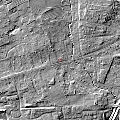 Shaded relief map of the ground around CV379BS, computed from Environment Agency LiDAR. The ground here sits at about 39 m above sea level and falls 8 m across the surrounding 800 m. Surface water reaching this point runs off ground lying to the north-west, 2.8 m higher.