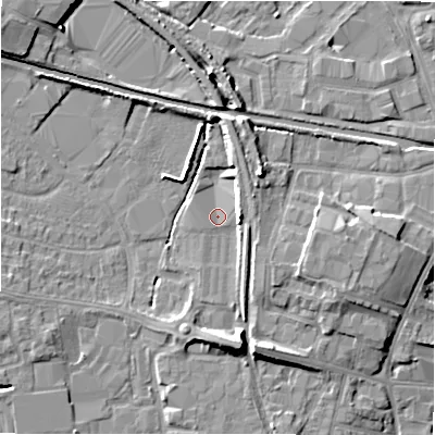 Shaded relief map of the ground around CV379DA, computed from Environment Agency LiDAR. The ground here sits at about 43 m above sea level and falls 9 m across the surrounding 800 m. Surface water reaching this point runs off ground lying to the east, 3.6 m higher.