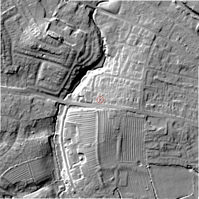 Shaded relief map of the ground around CV379DR, computed from Environment Agency LiDAR. The ground here sits at about 45 m above sea level and falls 14 m across the surrounding 800 m. Surface water reaching this point runs off ground lying to the east-south-east, 3.5 m higher.