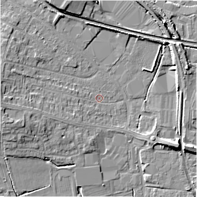 Shaded relief map of the ground around CV379DW, computed from Environment Agency LiDAR. The ground here sits at about 41 m above sea level and falls 9 m across the surrounding 800 m. Surface water reaching this point runs off ground lying to the west, 6.5 m higher.