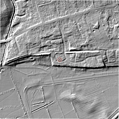 Shaded relief map of the ground around CV379FP, computed from Environment Agency LiDAR. The ground here sits at about 37 m above sea level and falls 8 m across the surrounding 800 m. Surface water reaching this point runs off ground lying to the north-east, 4.4 m higher.