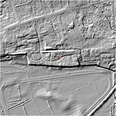 Shaded relief map of the ground around CV379FU, computed from Environment Agency LiDAR. The ground here sits at about 39 m above sea level and falls 8 m across the surrounding 800 m. Surface water reaching this point runs off ground lying to the north-east, 1.8 m higher.