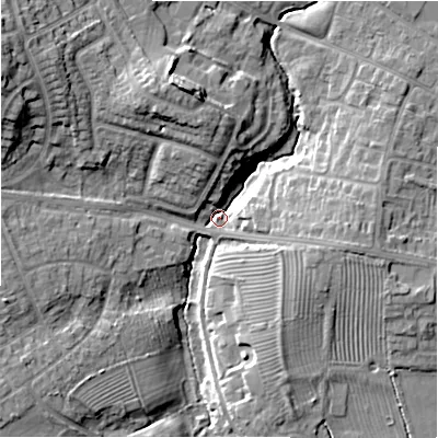 Shaded relief map of the ground around CV379GA, computed from Environment Agency LiDAR. The ground here sits at about 41 m above sea level and falls 16 m across the surrounding 800 m. Surface water reaching this point runs off ground lying to the west-north-west, 15.6 m higher.