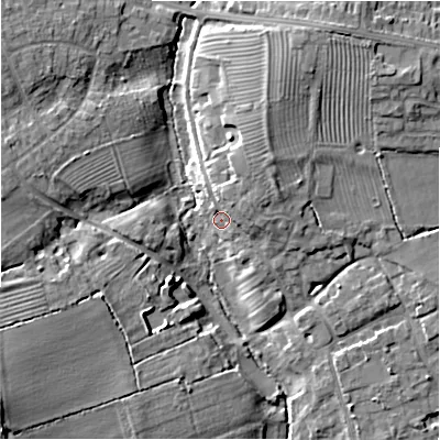 Shaded relief map of the ground around CV379HQ, computed from Environment Agency LiDAR. The ground here sits at about 41 m above sea level and falls 16 m across the surrounding 800 m. Surface water reaching this point runs off ground lying to the north-east, 5.9 m higher.
