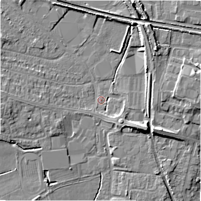 Shaded relief map of the ground around CV379NA, computed from Environment Agency LiDAR. The ground here sits at about 42 m above sea level and falls 9 m across the surrounding 800 m. Surface water reaching this point runs off ground lying to the north-north-east, 6.4 m higher.
