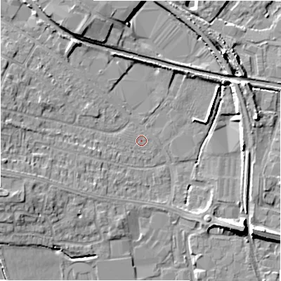 Shaded relief map of the ground around CV379ND, computed from Environment Agency LiDAR. The ground here sits at about 42 m above sea level and falls 8 m across the surrounding 800 m. Surface water reaching this point runs off ground lying to the west-south-west, 6.3 m higher.