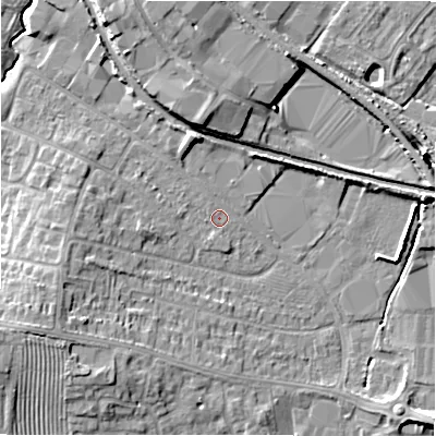 Shaded relief map of the ground around CV379NE, computed from Environment Agency LiDAR. The ground here sits at about 42 m above sea level and falls 10 m across the surrounding 800 m. Surface water reaching this point runs off ground lying to the north, 7.1 m higher.