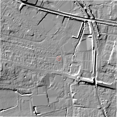 Shaded relief map of the ground around CV379NG, computed from Environment Agency LiDAR. The ground here sits at about 42 m above sea level and falls 9 m across the surrounding 800 m. Surface water reaching this point runs off ground lying to the west-south-west, 4.3 m higher.