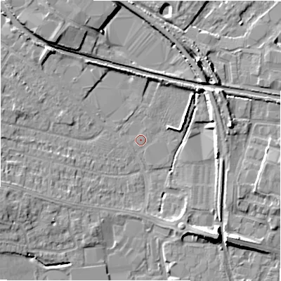 Shaded relief map of the ground around CV379NT, computed from Environment Agency LiDAR. The ground here sits at about 42 m above sea level and falls 8 m across the surrounding 800 m. Surface water reaching this point runs off ground lying to the north-west, 7.3 m higher.
