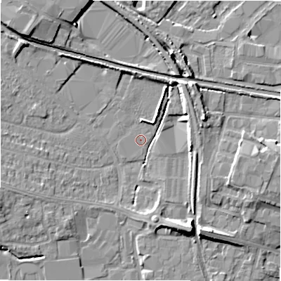 Shaded relief map of the ground around CV379NU, computed from Environment Agency LiDAR. The ground here sits at about 42 m above sea level and falls 8 m across the surrounding 800 m. Surface water reaching this point runs off ground lying to the west-south-west, 3.9 m higher.