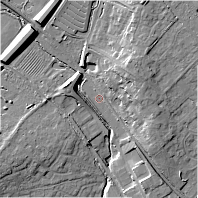 Shaded relief map of the ground around CV379NW, computed from Environment Agency LiDAR. The ground here sits at about 44 m above sea level and falls 15 m across the surrounding 800 m. Surface water reaching this point runs off ground lying to the east-north-east, 9.5 m higher.