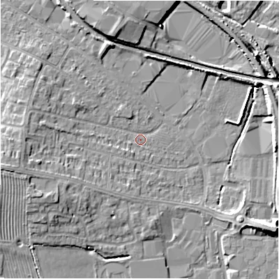 Shaded relief map of the ground around CV379PW, computed from Environment Agency LiDAR. The ground here sits at about 42 m above sea level and falls 8 m across the surrounding 800 m. Surface water reaching this point runs off ground lying to the west-south-west, 7.0 m higher.