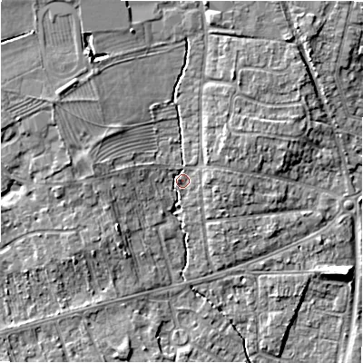 Shaded relief map of the ground around CV379QG, computed from Environment Agency LiDAR. The ground here sits at about 40 m above sea level and falls 8 m across the surrounding 800 m. Surface water reaching this point runs off ground lying to the north-west, 4.8 m higher.