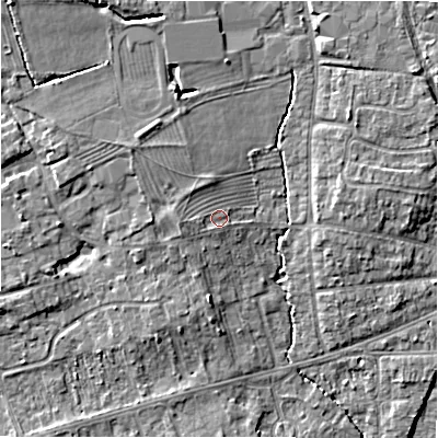 Shaded relief map of the ground around CV379QH, computed from Environment Agency LiDAR. The ground here sits at about 41 m above sea level and falls 8 m across the surrounding 800 m. Surface water reaching this point runs off ground lying to the west, 1.5 m higher.