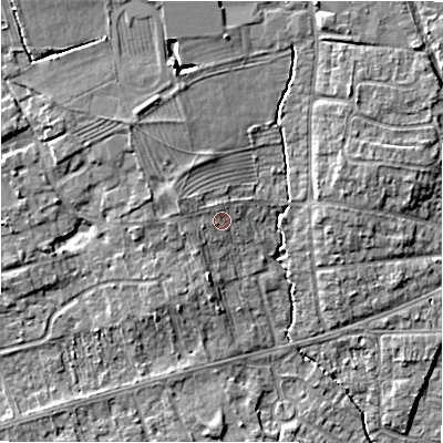 Shaded relief map of the ground around CV379QQ, computed from Environment Agency LiDAR. The ground here sits at about 41 m above sea level and falls 7 m across the surrounding 800 m. Surface water reaching this point runs off ground lying to the north-west, 1.2 m higher.
