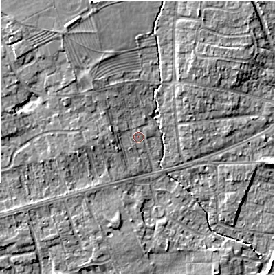 Shaded relief map of the ground around CV379QS, computed from Environment Agency LiDAR. The ground here sits at about 39 m above sea level and falls 7 m across the surrounding 800 m. Surface water reaching this point runs off ground lying to the north-west, 3.2 m higher.