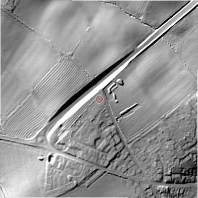 Shaded relief map of the ground around CV379RE, computed from Environment Agency LiDAR. The ground here sits at about 67 m above sea level and falls 21 m across the surrounding 800 m. Surface water reaching this point runs off ground lying to the north-north-east, 0.9 m higher.