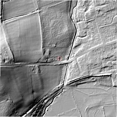 Shaded relief map of the ground around CV379RZ, computed from Environment Agency LiDAR. The ground here sits at about 38 m above sea level and falls 35 m across the surrounding 800 m. Surface water reaching this point runs off ground lying to the west, 31.6 m higher.