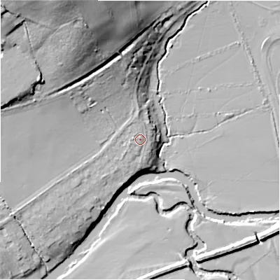 Shaded relief map of the ground around CV379SA, computed from Environment Agency LiDAR. The ground here sits at about 39 m above sea level and falls 29 m across the surrounding 800 m. Surface water reaching this point runs off ground lying to the west, 1.2 m higher.