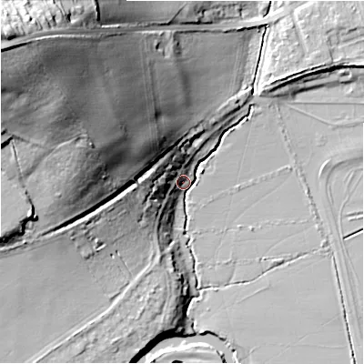 Shaded relief map of the ground around CV379SF, computed from Environment Agency LiDAR. The ground here sits at about 36 m above sea level and falls 43 m across the surrounding 800 m. Surface water reaching this point runs off ground lying to the north-west, 34.9 m higher.