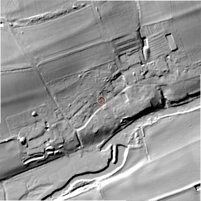 Shaded relief map of the ground around CV379SJ, computed from Environment Agency LiDAR. The ground here sits at about 40 m above sea level and falls 27 m across the surrounding 800 m. Surface water reaching this point runs off ground lying to the north, 18.7 m higher.