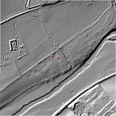 Shaded relief map of the ground around CV379SQ, computed from Environment Agency LiDAR. The ground here sits at about 38 m above sea level and falls 17 m across the surrounding 800 m. Surface water reaching this point runs off ground lying to the north, 8.8 m higher.