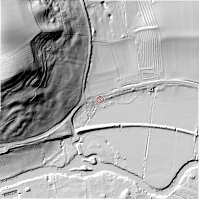 Shaded relief map of the ground around CV379TE, computed from Environment Agency LiDAR. The ground here sits at about 33 m above sea level and falls 62 m across the surrounding 800 m. Surface water reaching this point runs off ground lying to the north-west, 60.4 m higher.