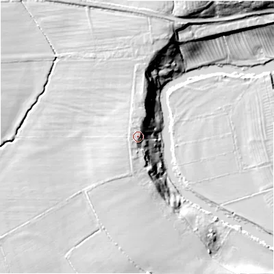 Shaded relief map of the ground around CV379UB, computed from Environment Agency LiDAR. The ground here sits at about 44 m above sea level and falls 21 m across the surrounding 800 m. Surface water reaching this point runs off ground lying to the north-north-west, 4.2 m higher.
