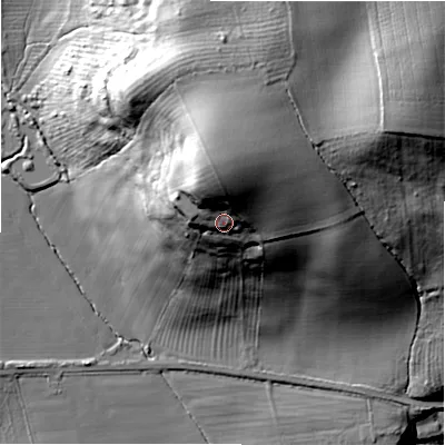 Shaded relief map of the ground around CV379UD, computed from Environment Agency LiDAR. The ground here sits at about 74 m above sea level and falls 60 m across the surrounding 800 m. Surface water reaching this point runs off ground lying to the north, 15.9 m higher.