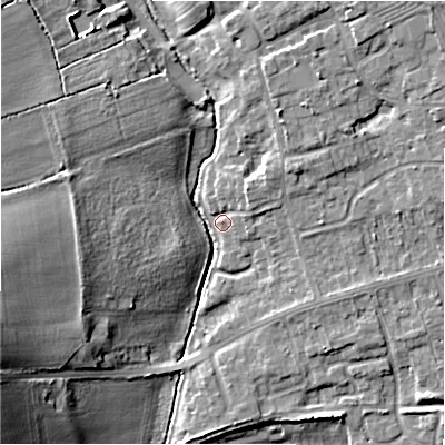 Shaded relief map of the ground around CV379YU, computed from Environment Agency LiDAR. The ground here sits at about 38 m above sea level and falls 21 m across the surrounding 800 m. Surface water reaching this point runs off ground lying to the west-south-west, 18.2 m higher.