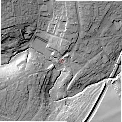 Shaded relief map of the ground around CV470HD, computed from Environment Agency LiDAR. The ground here sits at about 79 m above sea level and falls 25 m across the surrounding 800 m. Surface water reaching this point runs off ground lying to the north, 15.4 m higher.