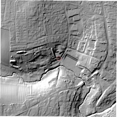 Shaded relief map of the ground around CV470HX, computed from Environment Agency LiDAR. The ground here sits at about 78 m above sea level and falls 29 m across the surrounding 800 m. Surface water reaching this point runs off ground lying to the north-west, 24.6 m higher.