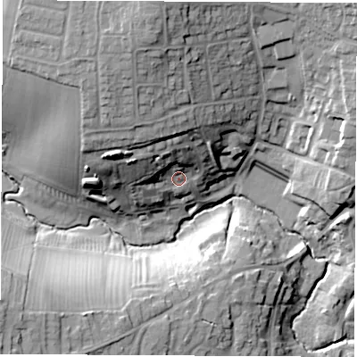 Shaded relief map of the ground around CV470HZ, computed from Environment Agency LiDAR. The ground here sits at about 82 m above sea level and falls 29 m across the surrounding 800 m. Surface water reaching this point runs off ground lying to the north-west, 14.4 m higher.