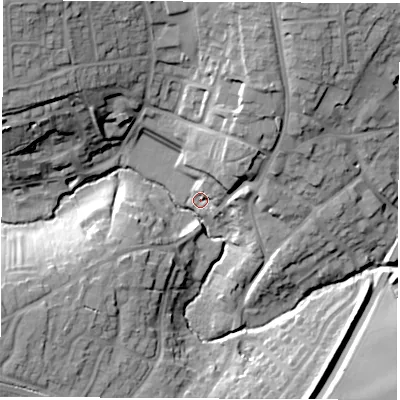 Shaded relief map of the ground around CV470JL, computed from Environment Agency LiDAR. The ground here sits at about 77 m above sea level and falls 26 m across the surrounding 800 m. Surface water reaching this point runs off ground lying to the north-east, 11.9 m higher.