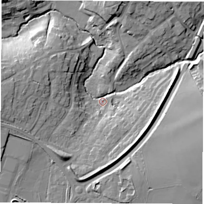Shaded relief map of the ground around CV471BB, computed from Environment Agency LiDAR. The ground here sits at about 77 m above sea level and falls 17 m across the surrounding 800 m. Surface water reaching this point runs off ground lying to the west, 14.7 m higher.