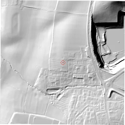 Shaded relief map of the ground around CV471BG, computed from Environment Agency LiDAR. The ground here sits at about 97 m above sea level and falls 34 m across the surrounding 800 m. Surface water reaching this point runs off ground lying to the north-north-east, 1.9 m higher.