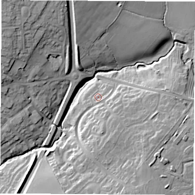 Shaded relief map of the ground around CV471FP, computed from Environment Agency LiDAR. The ground here sits at about 82 m above sea level and falls 22 m across the surrounding 800 m. Surface water reaching this point runs off ground lying to the south-east, 7.9 m higher.