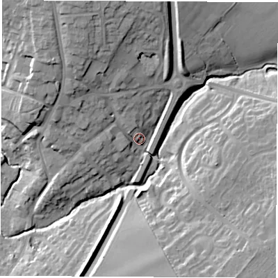 Shaded relief map of the ground around CV471GT, computed from Environment Agency LiDAR. The ground here sits at about 80 m above sea level and falls 21 m across the surrounding 800 m. Surface water reaching this point runs off ground lying to the north-west, 14.5 m higher.