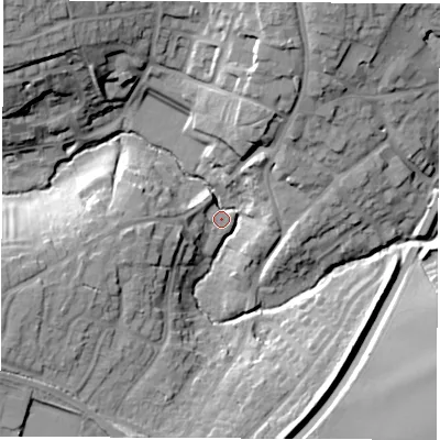 Shaded relief map of the ground around CV471HG, computed from Environment Agency LiDAR. The ground here sits at about 77 m above sea level and falls 23 m across the surrounding 800 m. Surface water reaching this point runs off ground lying to the north-north-east, 18.6 m higher.
