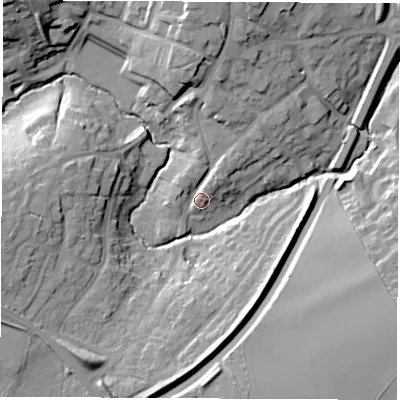Shaded relief map of the ground around CV471HH, computed from Environment Agency LiDAR. The ground here sits at about 79 m above sea level and falls 19 m across the surrounding 800 m. Surface water reaching this point runs off ground lying to the north-north-east, 14.0 m higher.
