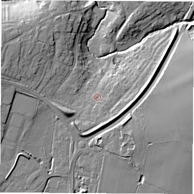 Shaded relief map of the ground around CV471HJ, computed from Environment Agency LiDAR. The ground here sits at about 83 m above sea level and falls 16 m across the surrounding 800 m. Surface water reaching this point runs off ground lying to the south-south-east, 5.9 m higher.
