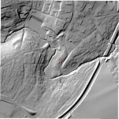 Shaded relief map of the ground around CV471HL, computed from Environment Agency LiDAR. The ground here sits at about 79 m above sea level and falls 21 m across the surrounding 800 m. Surface water reaching this point runs off ground lying to the north-east, 2.6 m higher.