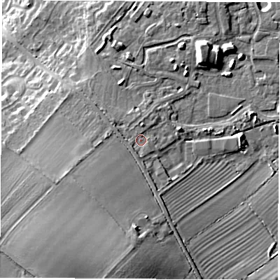 Shaded relief map of the ground around CV471NE, computed from Environment Agency LiDAR. The ground here sits at about 91 m above sea level and falls 14 m across the surrounding 800 m. Surface water reaching this point runs off ground lying to the west-north-west, 1.7 m higher.